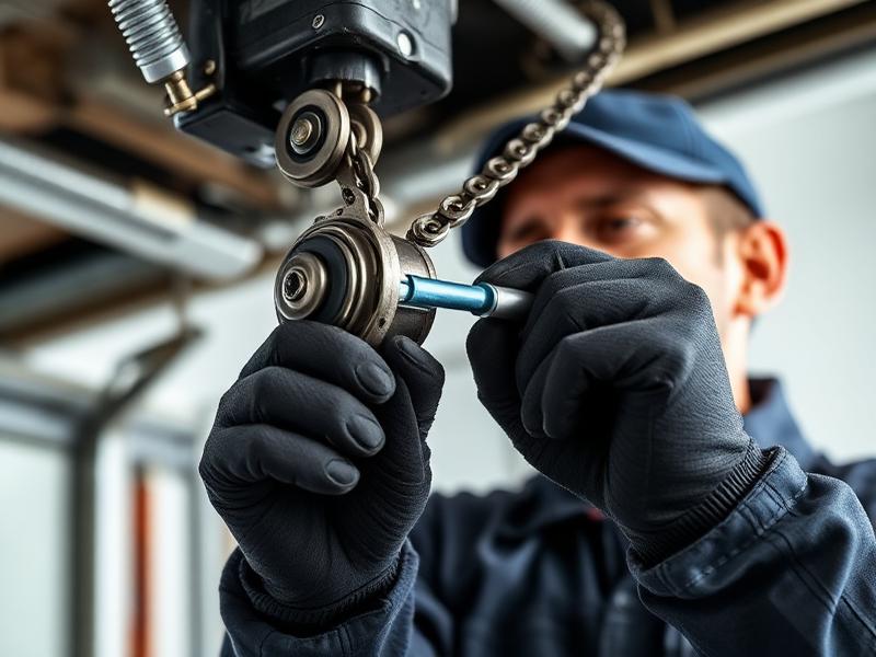 Professional technician performing garage door chain maintenance and lubrication