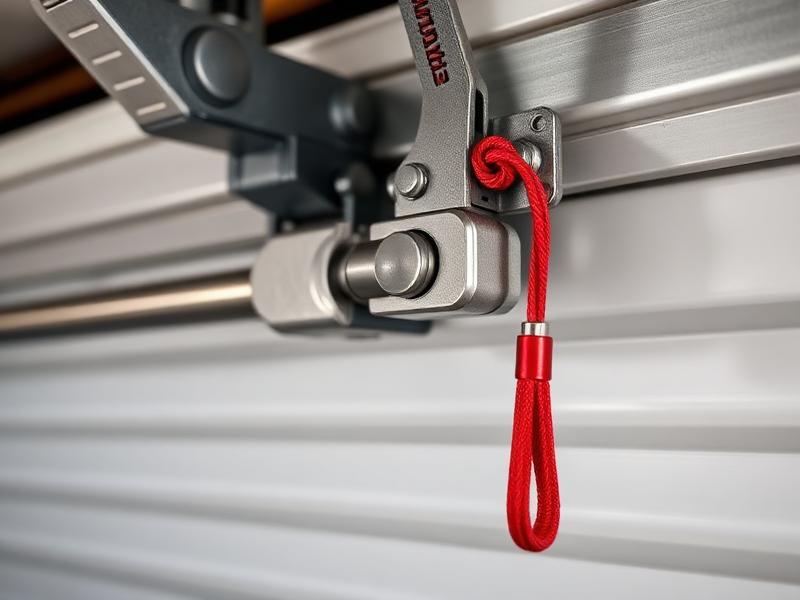 Red emergency manual release cord handle on garage door opener system